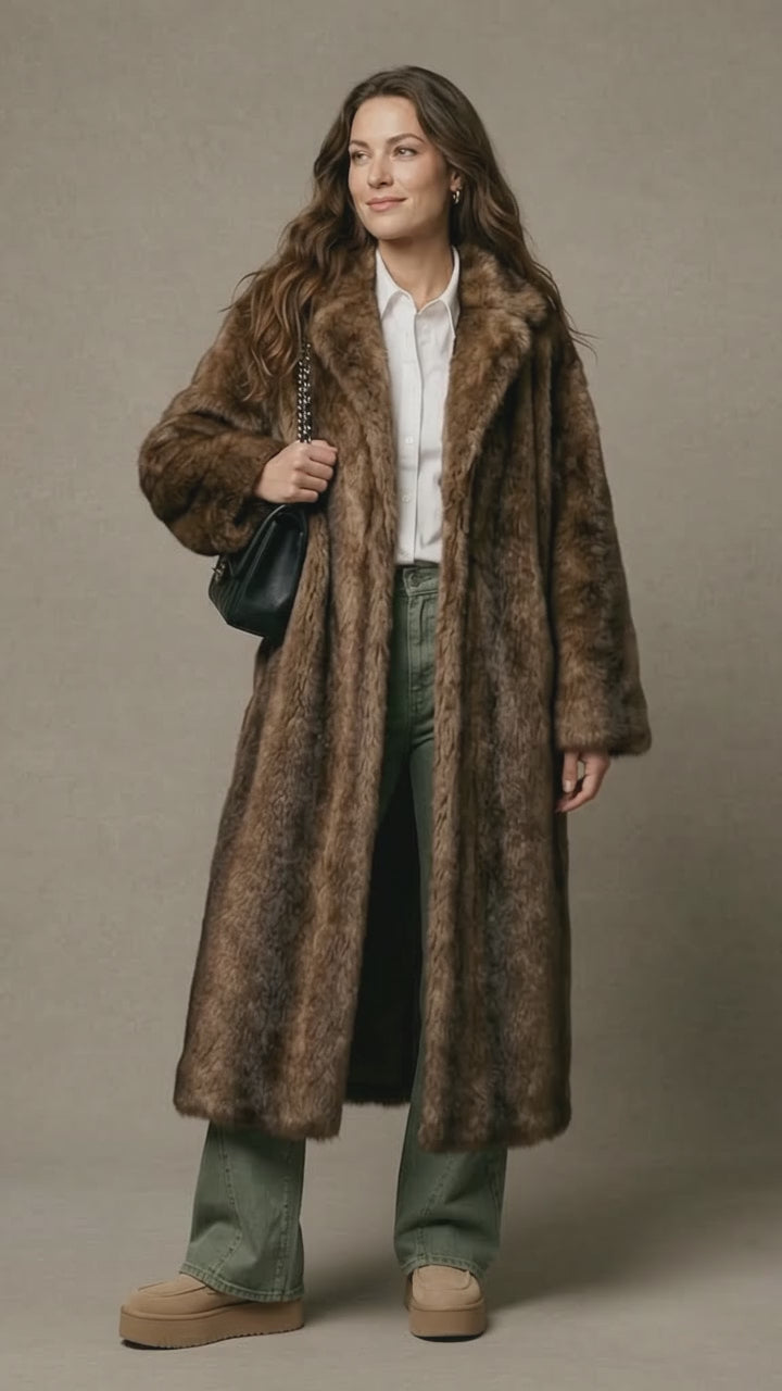 Women's Dark Brown Faux Fur Long Overcoat Single Breasted Fleece Long Trench Coat Winter Fluffy Plush Warm New Thicken Outerwear