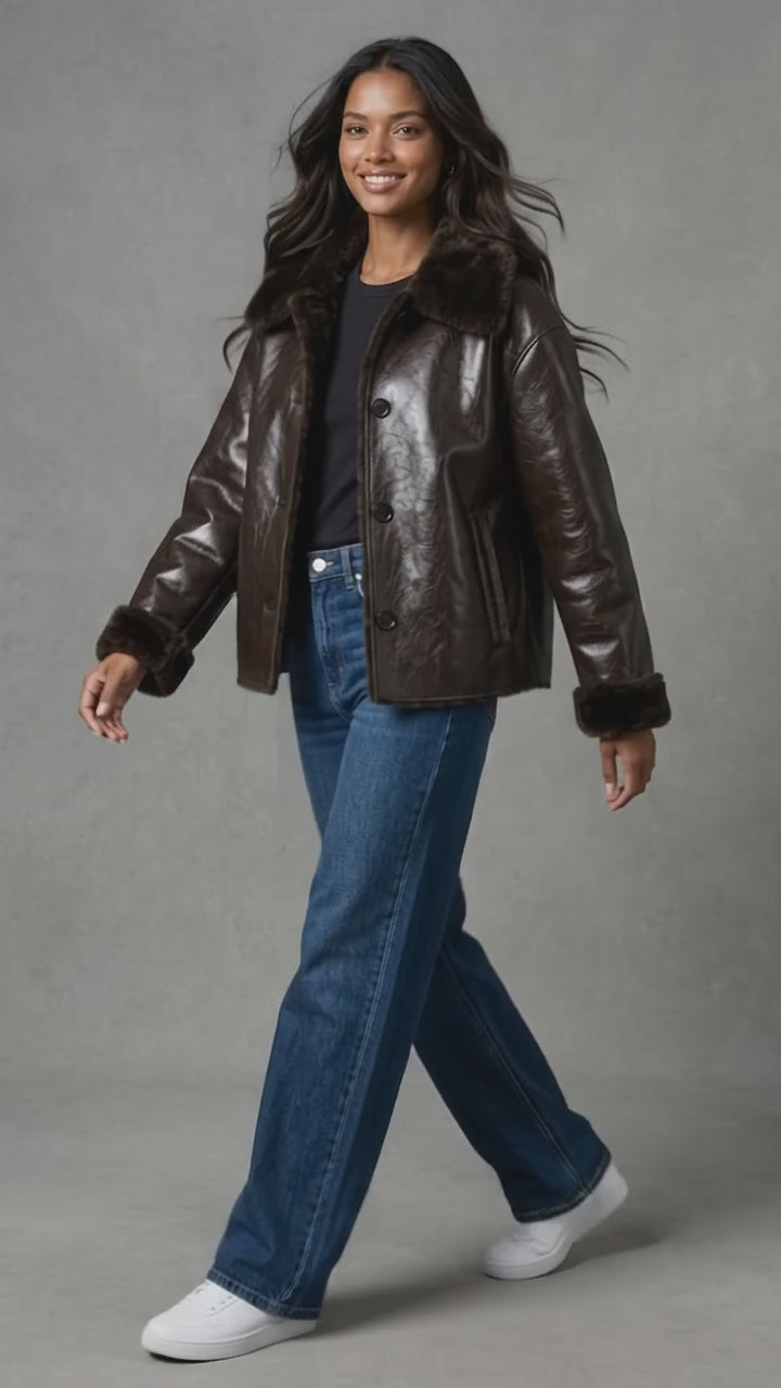 Women's Jacket 2025 Autumn/Winter New Arrivals Dark Brown Long-Sleeve Faux Leather Reversible Jacket Stylish and Unique
