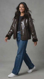 Women's Jacket 2025 Autumn/Winter New Arrivals Dark Brown Long-Sleeve Faux Leather Reversible Jacket Stylish and Unique